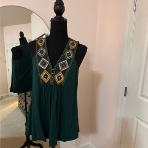 Brixon Ivy Green Tank Top with Geometric Embroidery